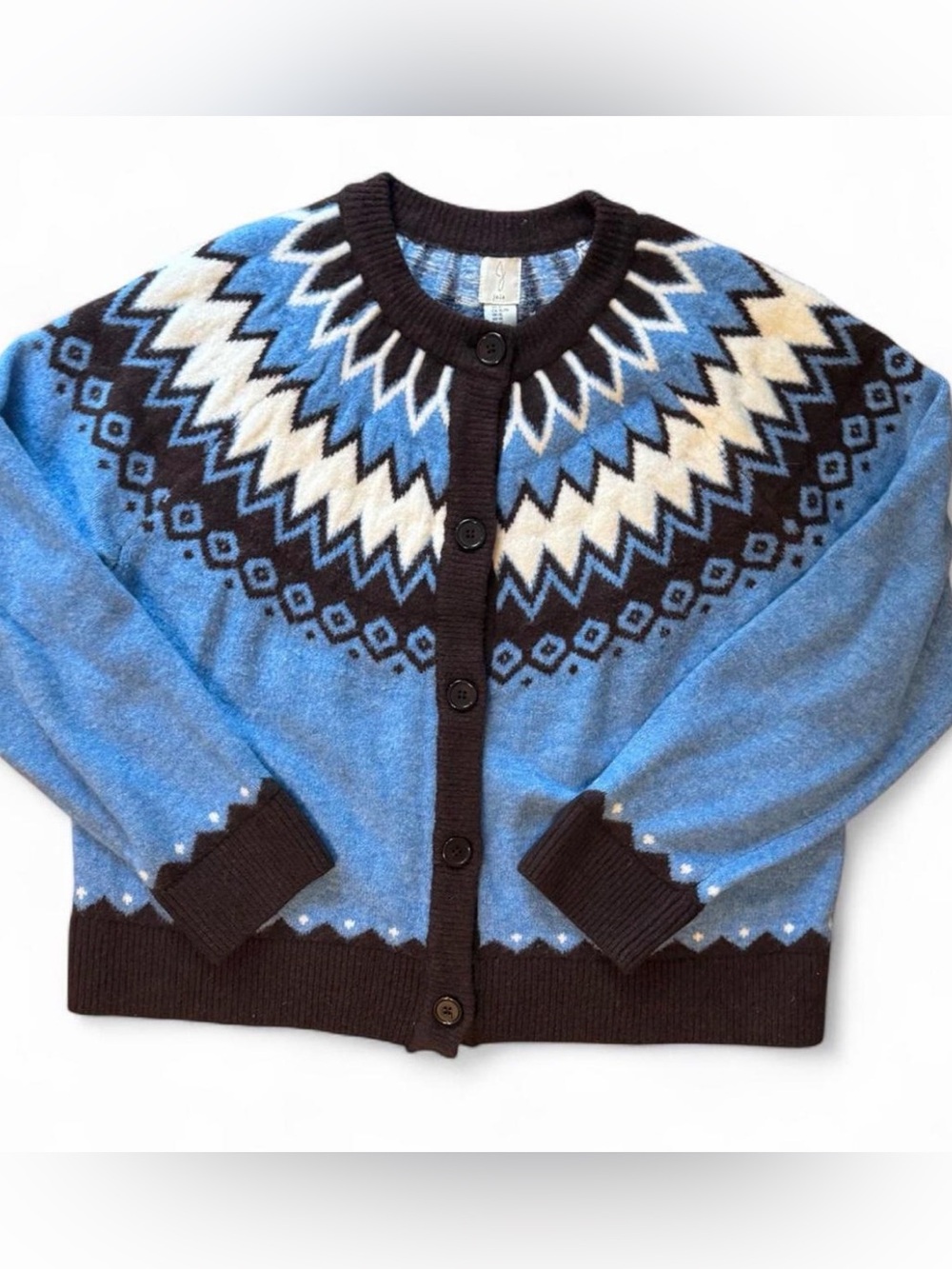 Joie Fair Isle blue and brown cardigan Size XL.